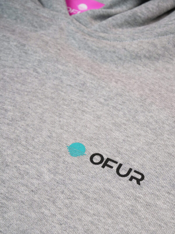 Close up of the design on the front of the grey OFUR blue print hoodie