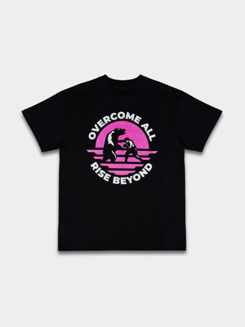 Black OFUR T-Shirt with the overcome all rise beyond screen print