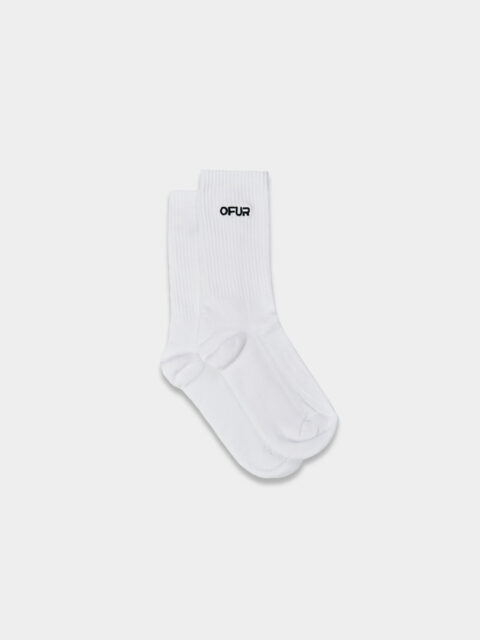 two white embroidered OFUR socks