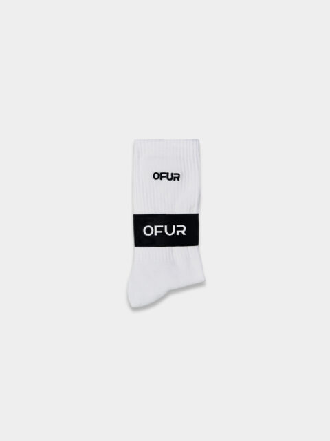 Product photo of the OFUR embroidered socks in white with a black strap