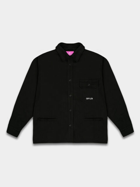 Full picture of the black OFUR shirt with the embroidery on the left side of the chest