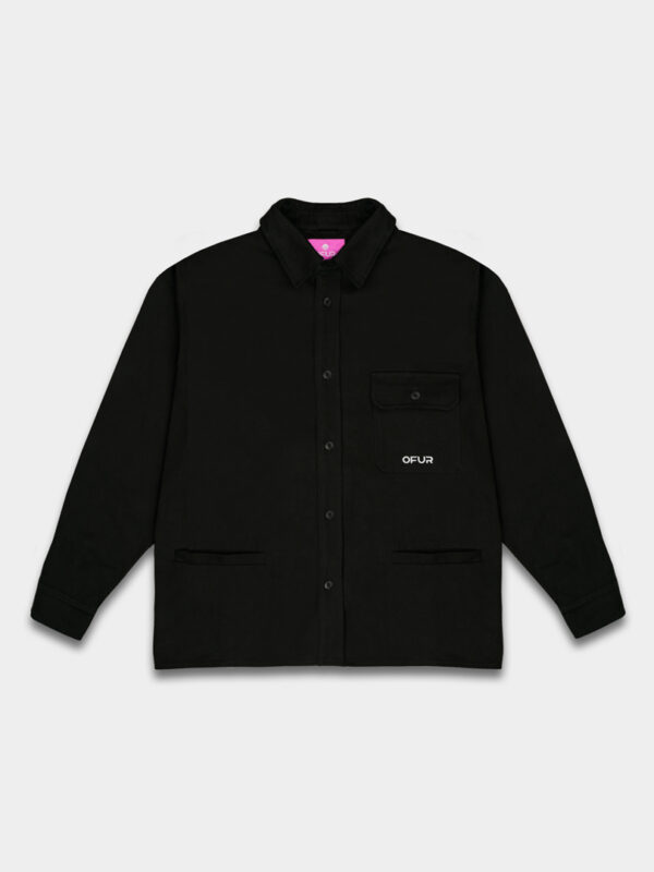 Full picture of the black OFUR shirt with the embroidery on the left side of the chest