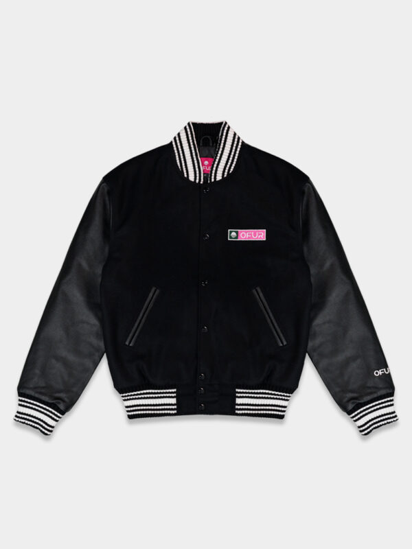 Product photo from behind of the OFUR fire punch varsity jacket