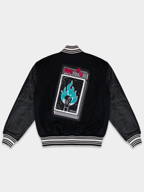 Product photo from behind of the OFUR fire punch varsity jacket