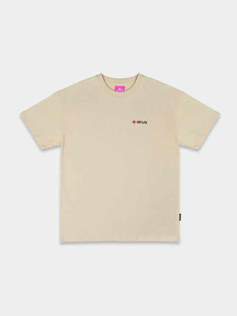 Frontview of the beige OFUR fluffy ride magenta T-Shirt with the OFUR logo on the chest