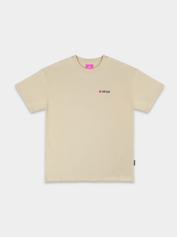 Frontview of the beige OFUR fluffy ride magenta T-Shirt with the OFUR logo on the chest