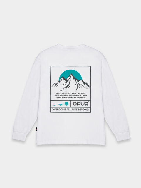 The back of the white peaks of growth magenta long sleeve decorated with mountains and the OFUR logo