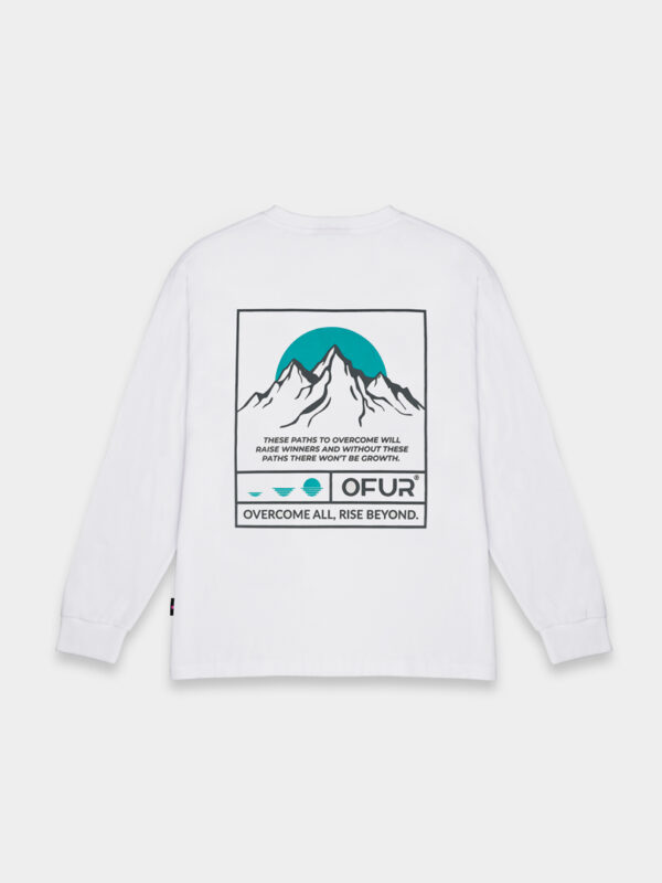 The back of the white peaks of growth magenta long sleeve decorated with mountains and the OFUR logo