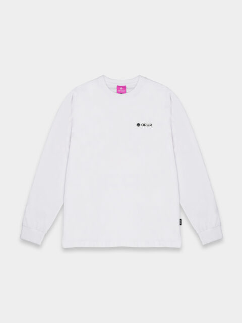 The front of the white OFUR peaks of growth long sleeve with the OFUR logo on the left side of the chest.