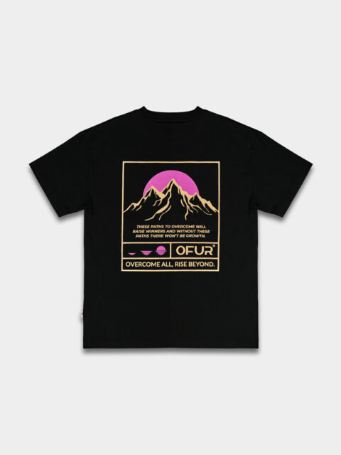 The back of the black peaks of growth magenta T-shirt decorated with mountains and the OFUR logo