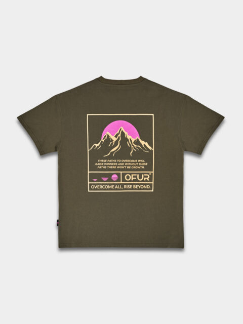 The back of the green peaks of growth T-shirt decorated with mountains and the OFUR logo