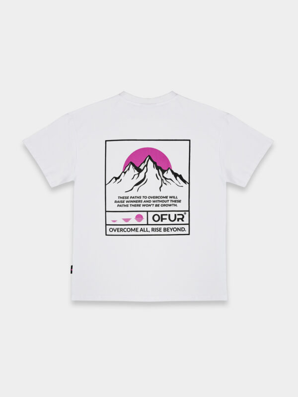 The back of the white peaks of growth magenta T-shirt decorated with mountains and the OFUR logo