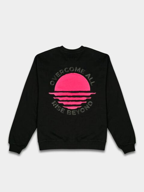 The back of the black OFUR rise beyond magenta crewneck with the OFUR logo and the text overcome all rise beyond