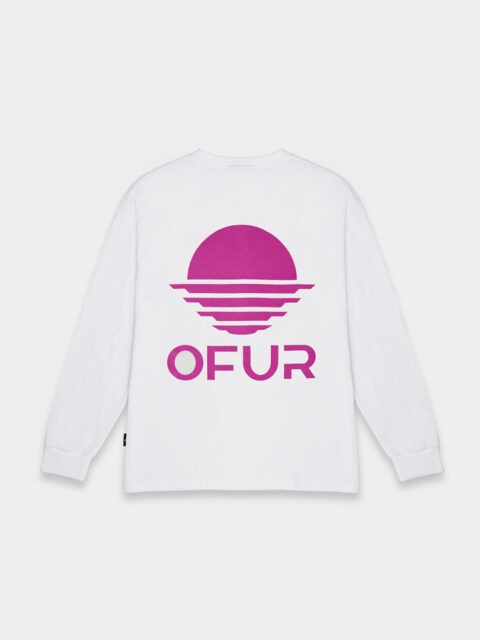 The back of the OFUR rise magenta long sleeve decorated with the OFUR logo in magenta