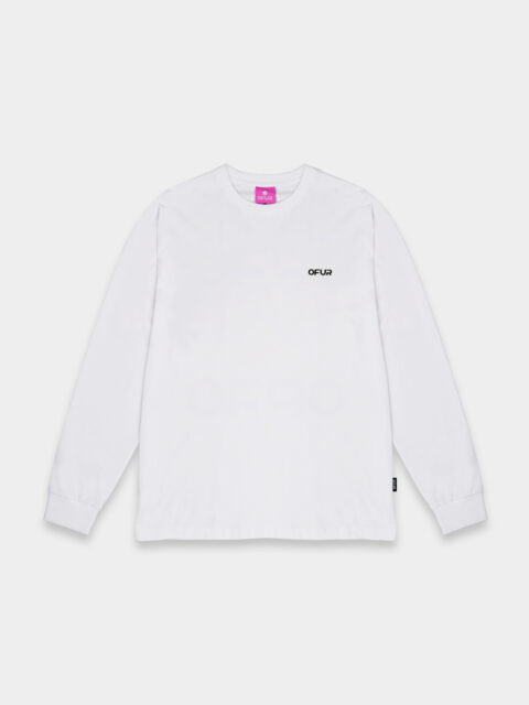 The front of the white OFUR rise magenta long sleeve with the OFUR logo on the left side of the chest.