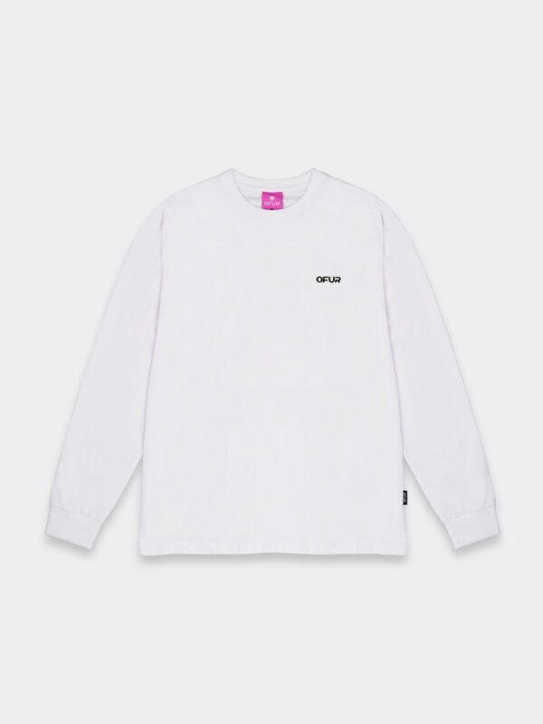 The front of the white OFUR script long sleeve with the OFUR logo on the left side of the chest.