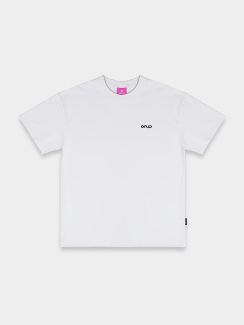 Front of the white OFUR script T-Shirt with the OFUR logo on the chest