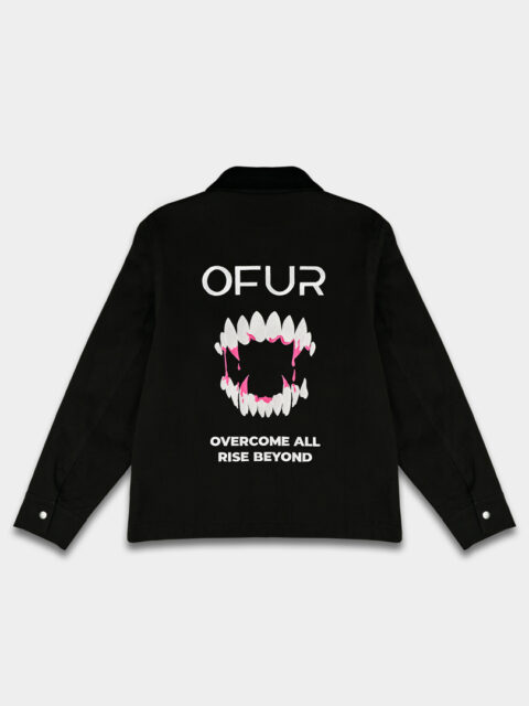 The back of the black vicious magenta workwear jacket decorated with the text overcome all rise beyond and OFUR.