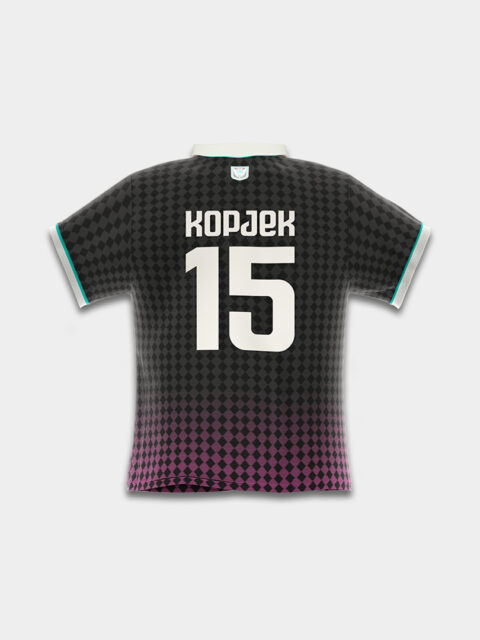 The back of the KOPJEK x OFUR football jersey with the number 15 printed on the jersey.