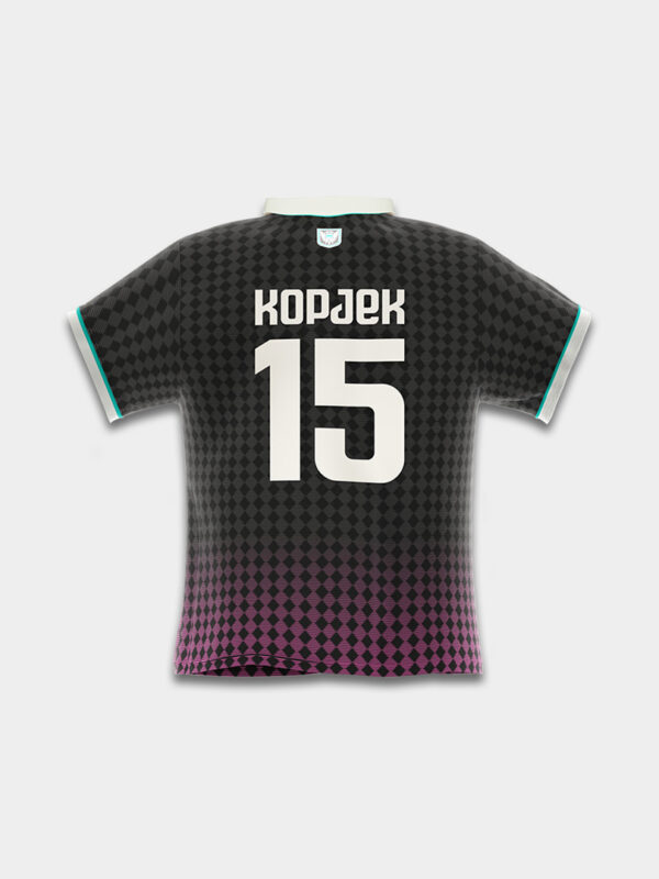 The back of the KOPJEK x OFUR football jersey with the number 15 printed on the jersey.