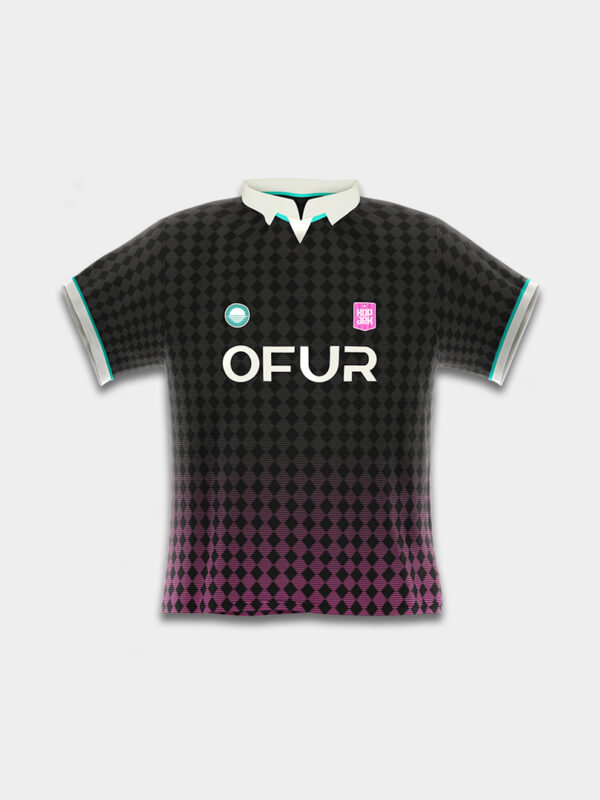 The front of the custom KOPJEK x OFUR Football Jersey with 2 logo's on the chest and OFUR as the sponsor.