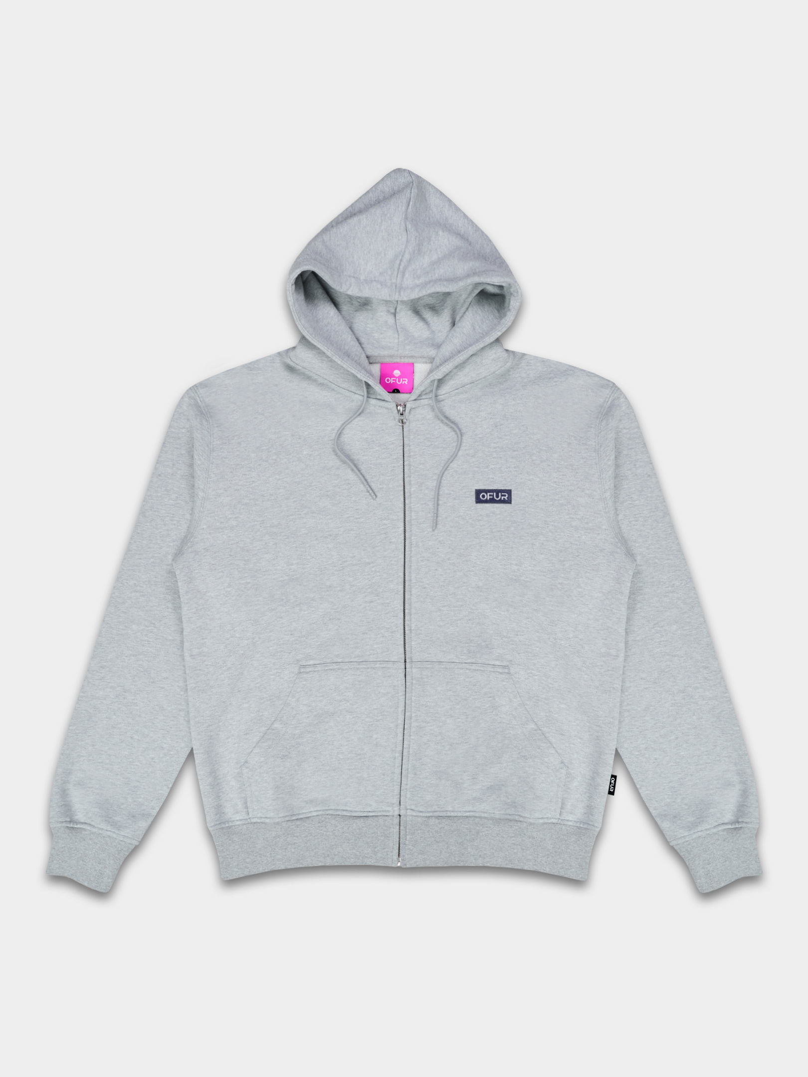 OFUR_FW25_APPLIQUE_RISE_ZIP_HOODIE_GREY_FLATLAY_FRONT_1