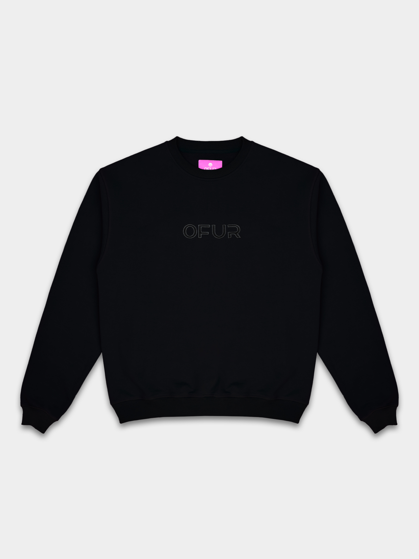 OFUR_FW25_SCRIPT_APPLIQUE_CREWNECK_BLACK_FLATLAY_FRONT_1