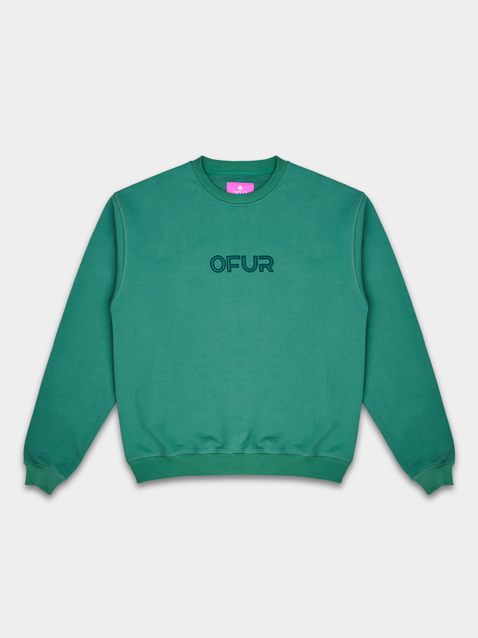 OFUR_FW25_SCRIPT_APPLIQUE_CREWNECK_GREEN_FLATLAY_FRONT_1