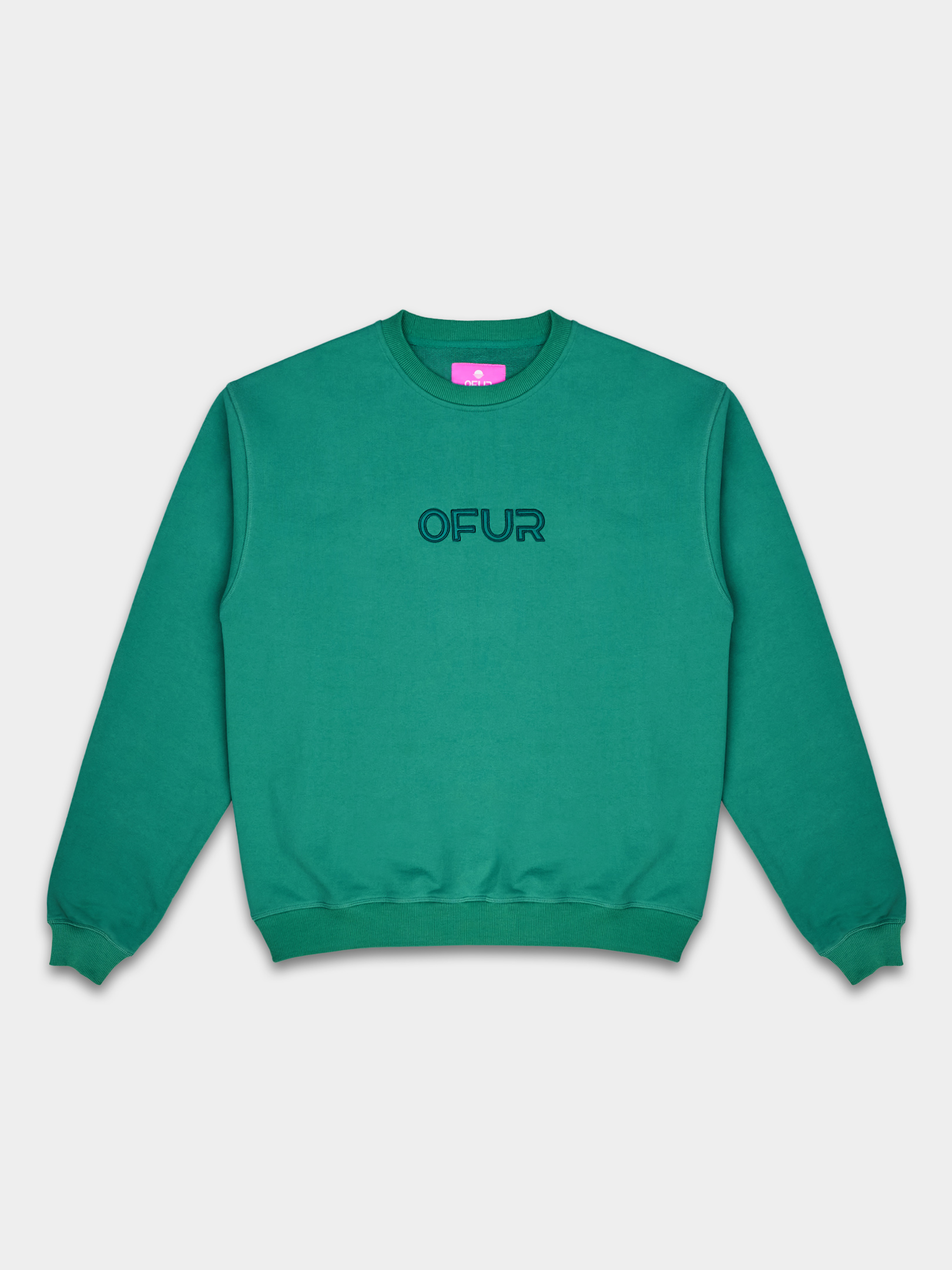 OFUR_FW25_SCRIPT_APPLIQUE_CREWNECK_GREEN_FLATLAY_FRONT_3
