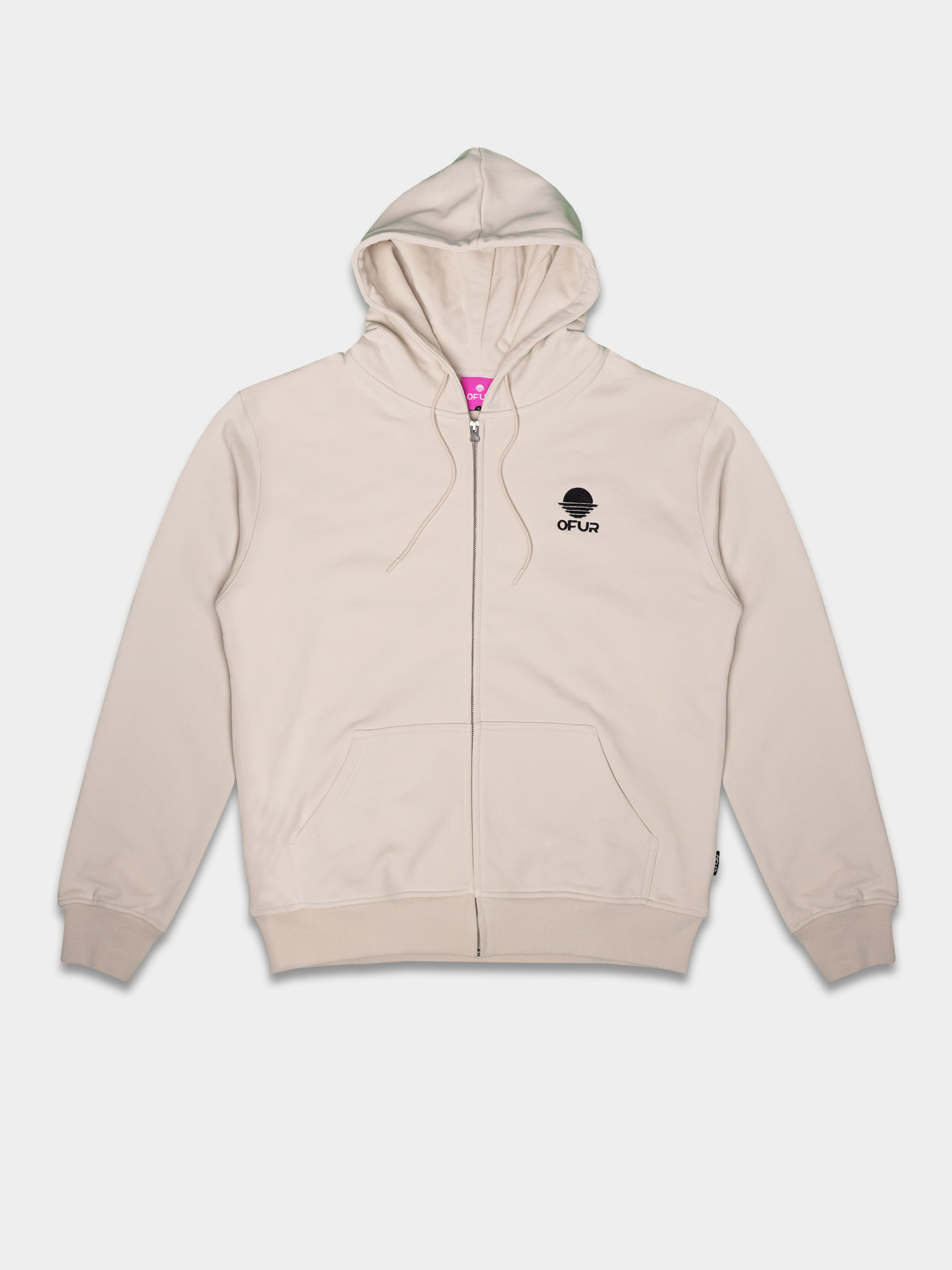 OFUR_SS26_RISE_BLACK_ZIP_HOODIE_LIGHT_CREAM_FLATLAY_FRONT_1