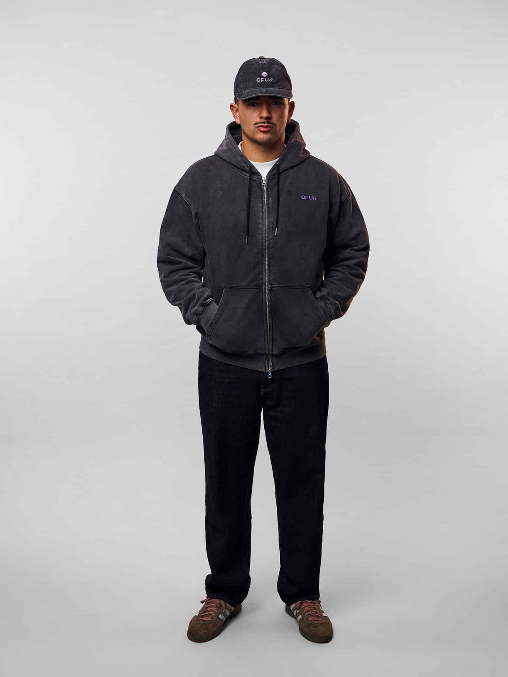 OFUR_FW26_RISE_PURPLE_ZIP_HOODIE_VINTAGE_BLACK_FULL_BODY_FRONT_2
