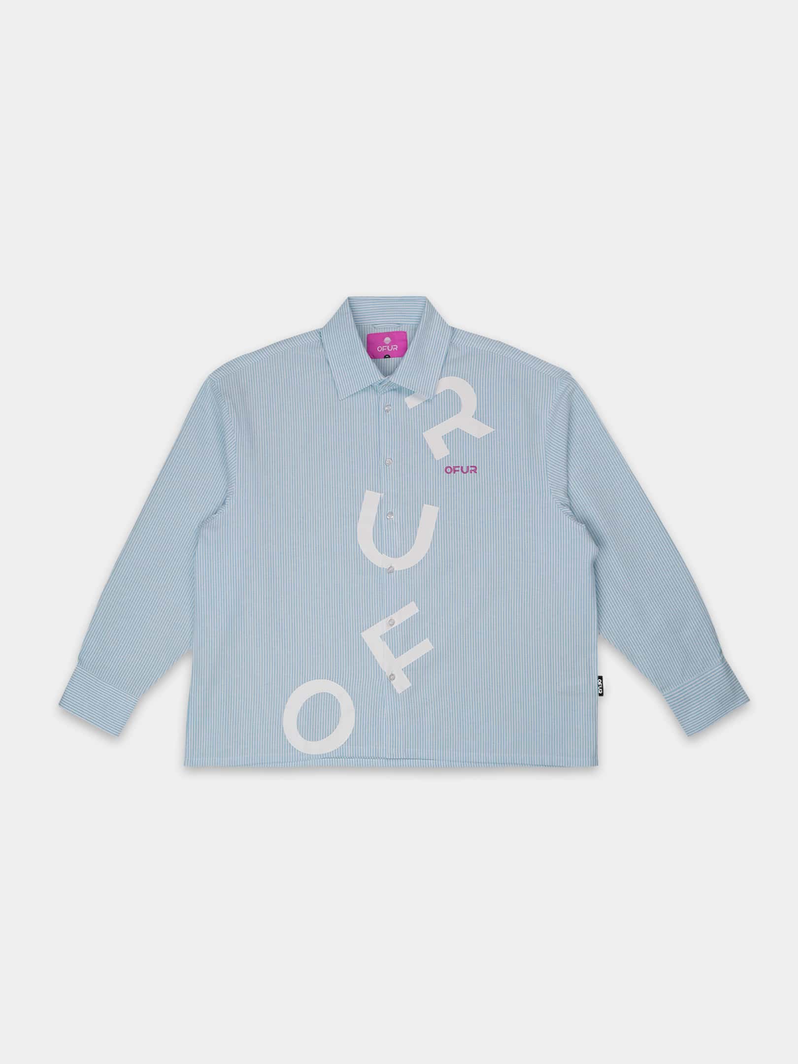 OFUR_FW26_SCATTERED_LETTERS_SHIRT_LONG_SLEEVE_BLUE_FLATLAY_FRONT_1
