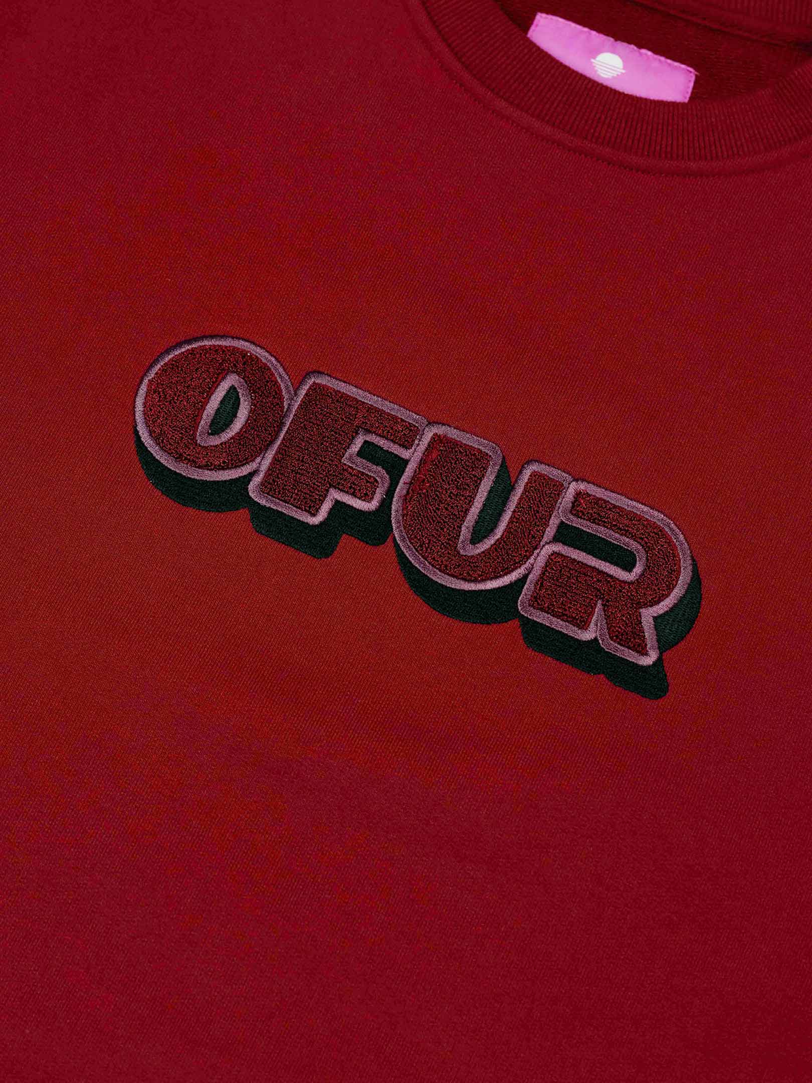 OFUR_FW26_VINTAGE_3D_CREWNECK_BURGUNDY_RED_FLATLAY_DETAIL_1