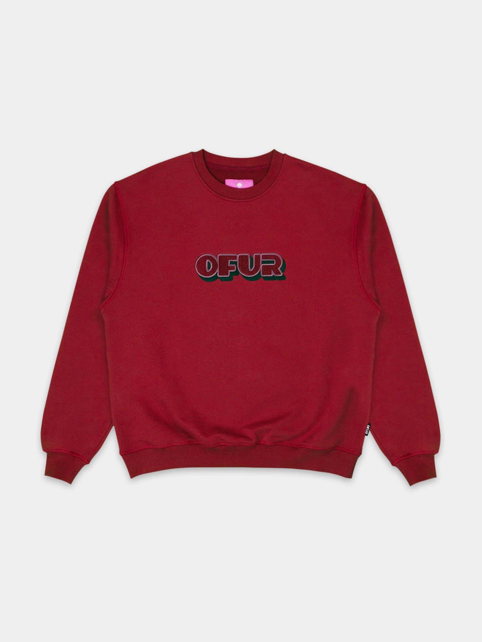 OFUR_FW26_VINTAGE_3D_CREWNECK_BURGUNDY_RED_FLATLAY_FRONT_1